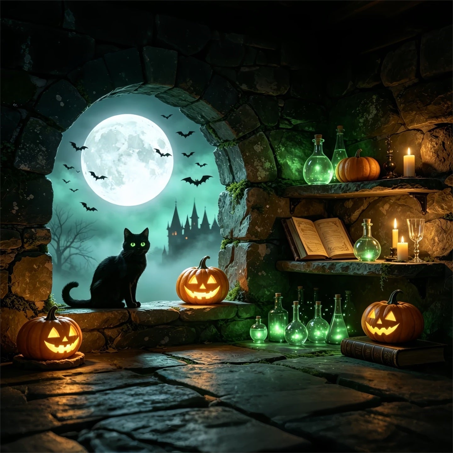 Witches Lair Backdrop Moonlit Cat Potion Alcove Lumberjack Photo Backdrop UK GQ67-101