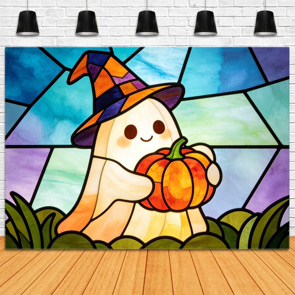 Stained Glass Backdrop Tapestry Ghost Cute Witch Ghost Pumpkin Halloween Selfie Backdrop UK GQ67-112