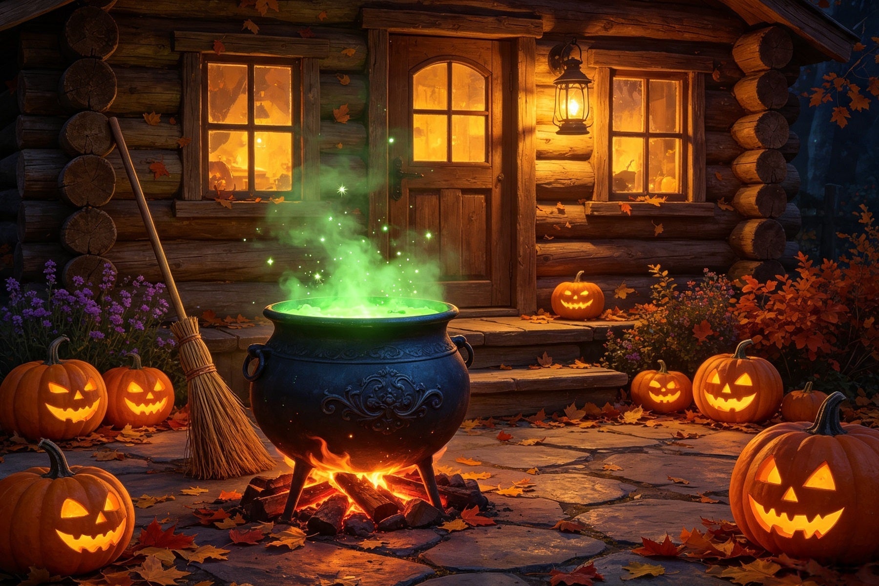 Witches Kitchen Backdrop Banner Glowing Cauldron Cabin Porch Best Halloween Backdrops UK GQ67-113
