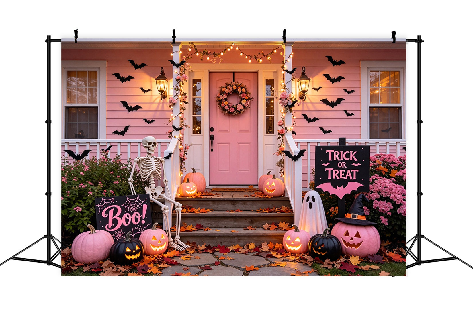 Pink Pumpkin Backdrop Pink Skeleton Porch Display Vintage Halloween Backdrop UK GQ67-80