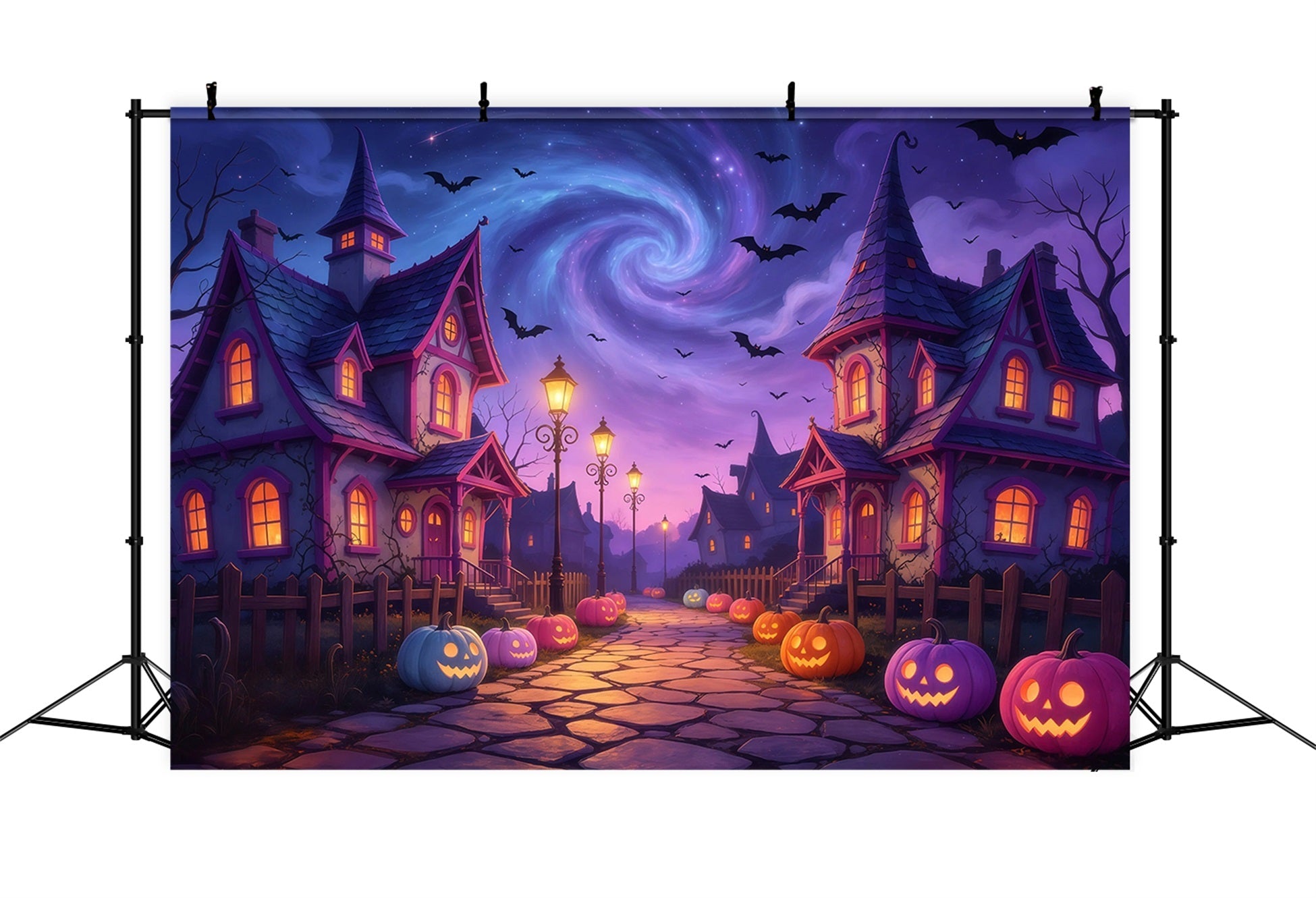 Spooky Town Backdrop Twilight Pumpkin Village Path Large Halloween Backdrops UK GQ67-83