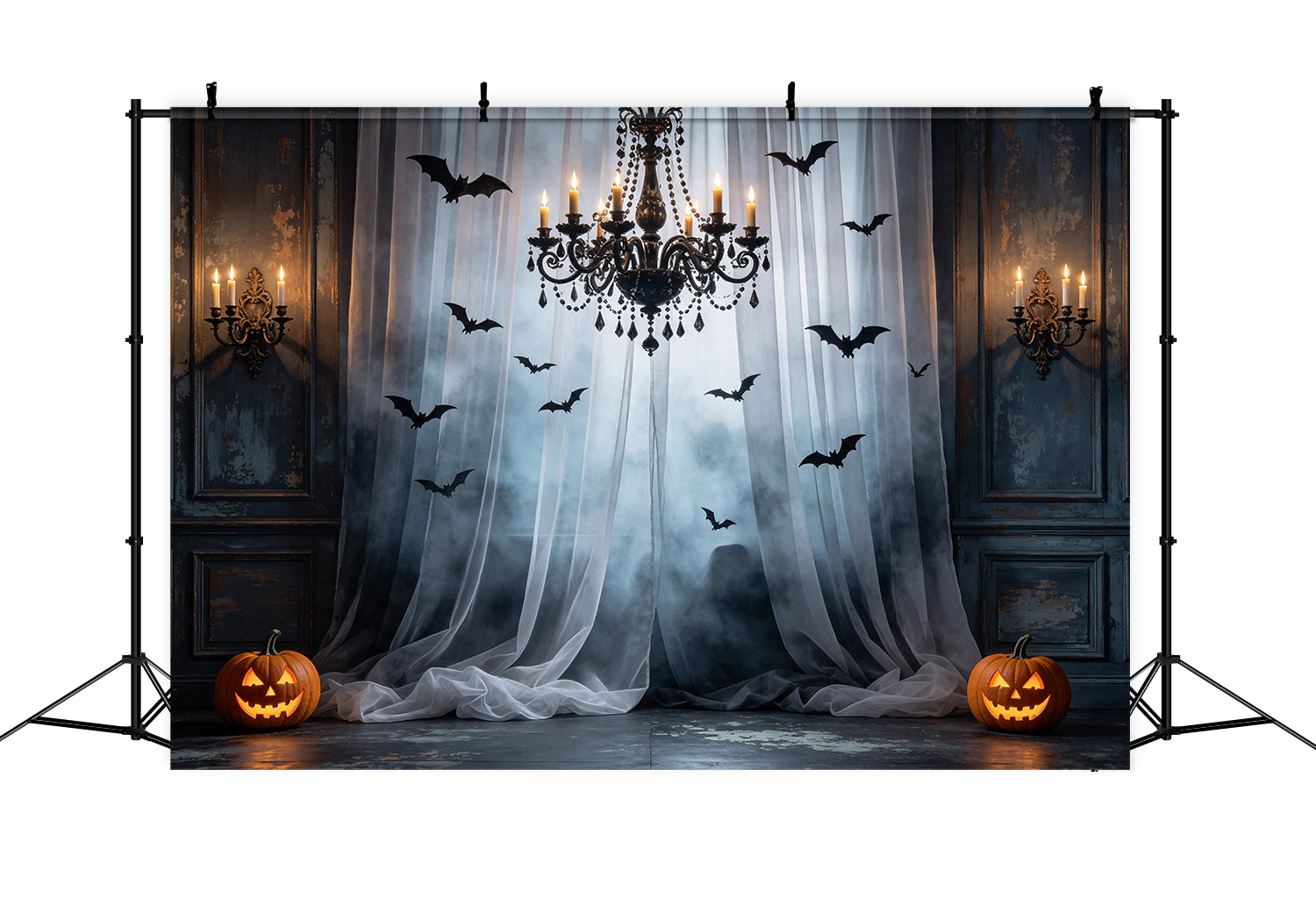 Bat Backdrop Foggy Curtain Chandelier Hall Halloween Scary Backdrop UK GQ67-92