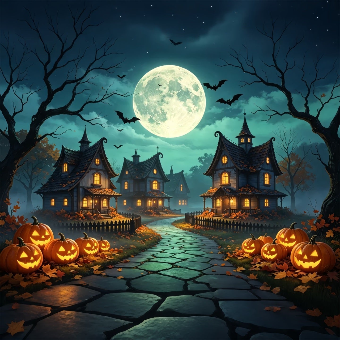 Backdrop For Halloween Village Moonlit Pumpkin Cottage Horror Movie Backdrop UK GQ67-96