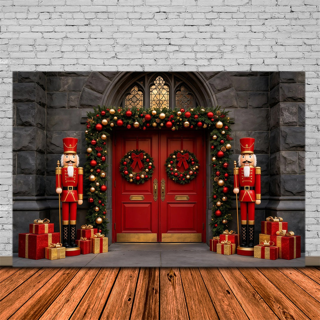 Christmas Nutcracker Backdrop Stone Red Door Entrance Photographic Backdrops Christmas UK GQ68-113