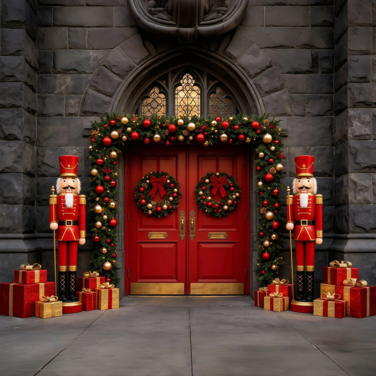 Christmas Nutcracker Backdrop Stone Red Door Entrance Photographic Backdrops Christmas UK GQ68-113