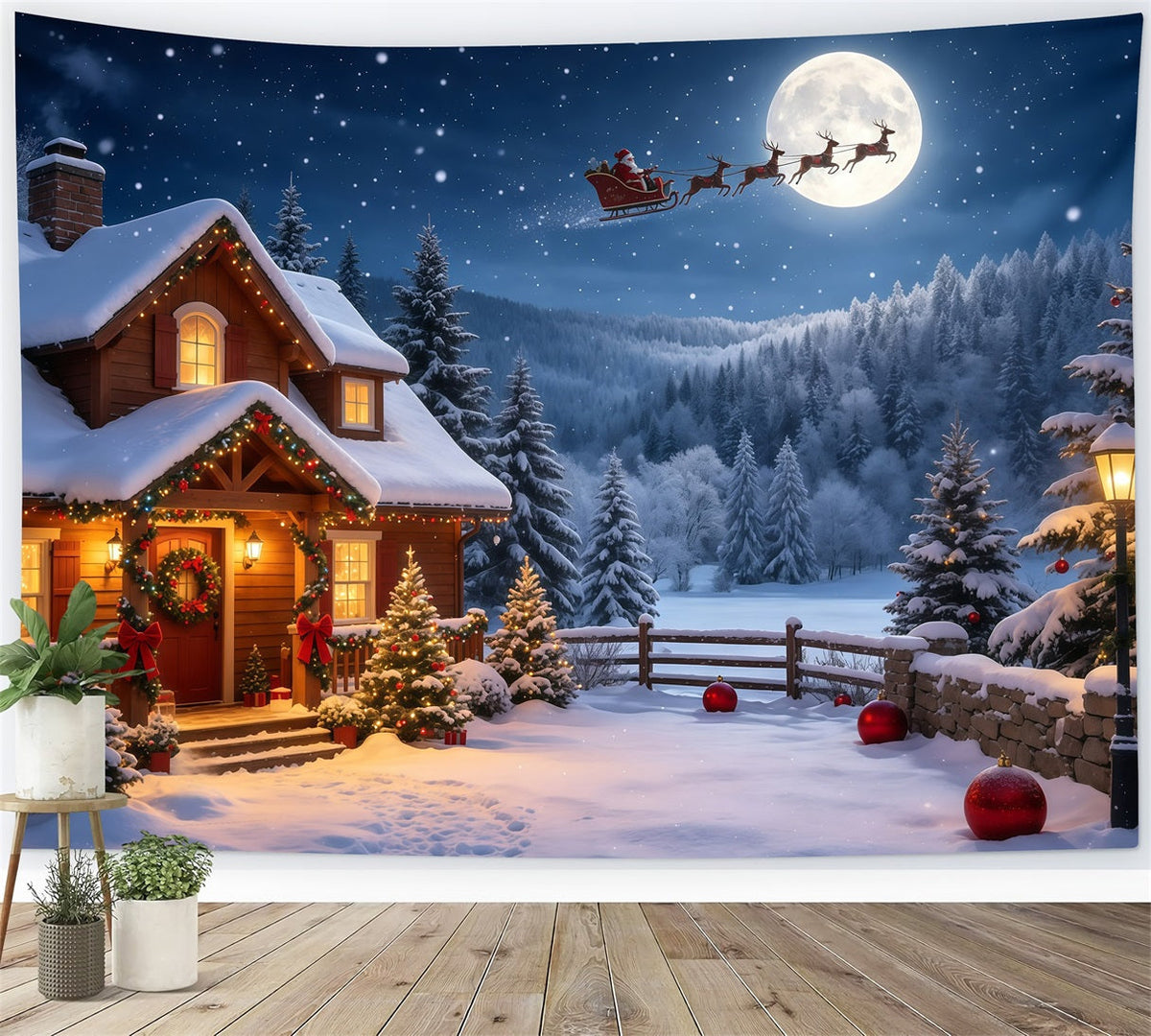 Christmas Santa Backdrop Moonlit Cabin Snowy Mountain Christmas Backdrop UK GQ68-115
