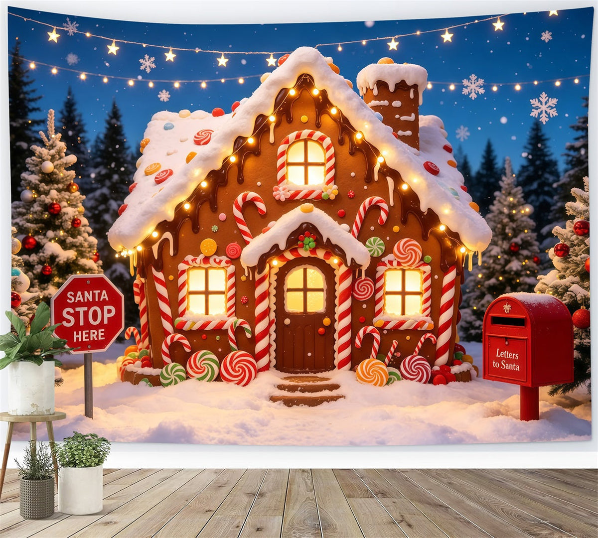Gingerbread Christmas Backdrop Candy Cottage Snowy Forest Christmas Photo Backdrops UK GQ68-118