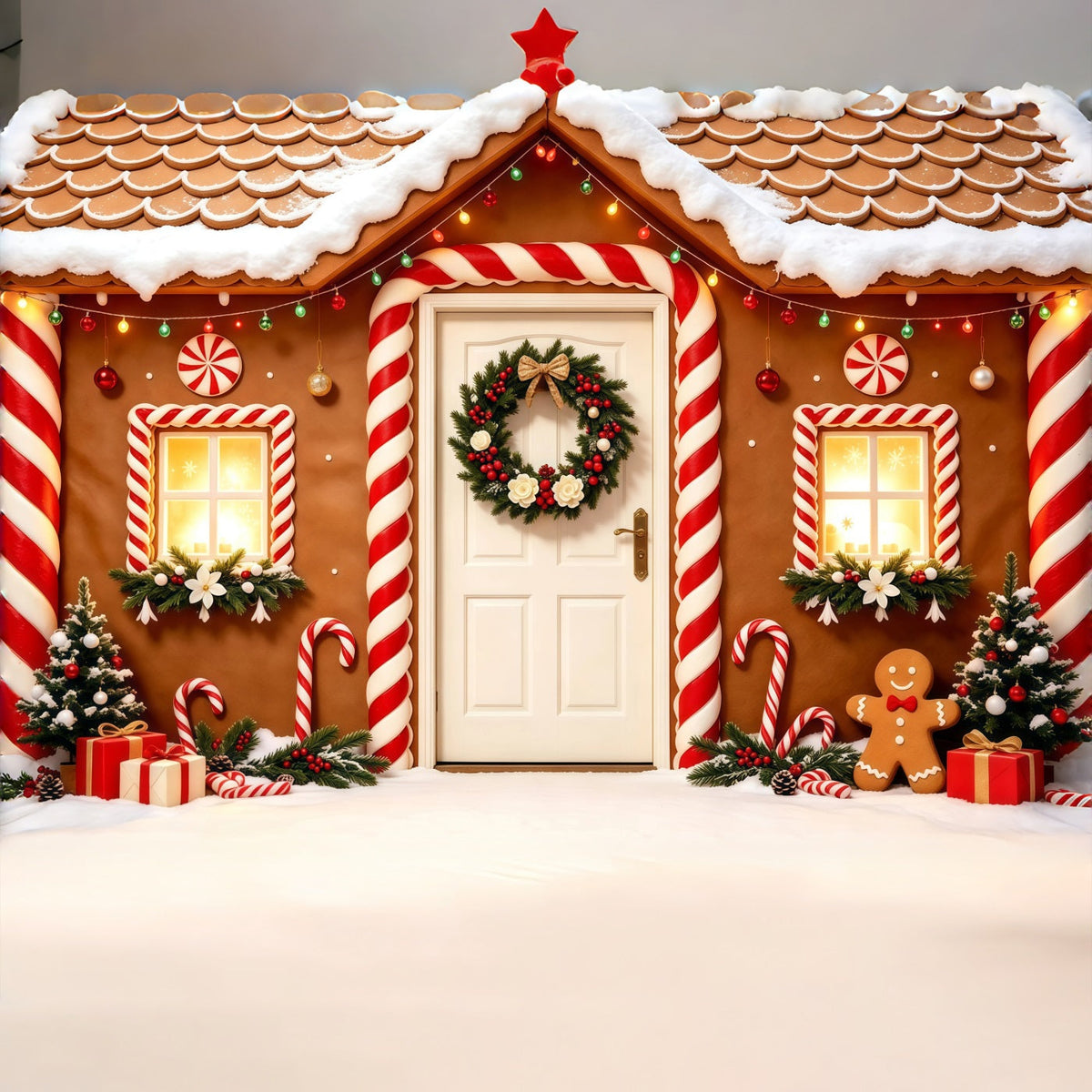 Christmas Gingerbread Backdrop Snowy Candy House Doorway Photo Backdrop Christmas UK GQ68-123