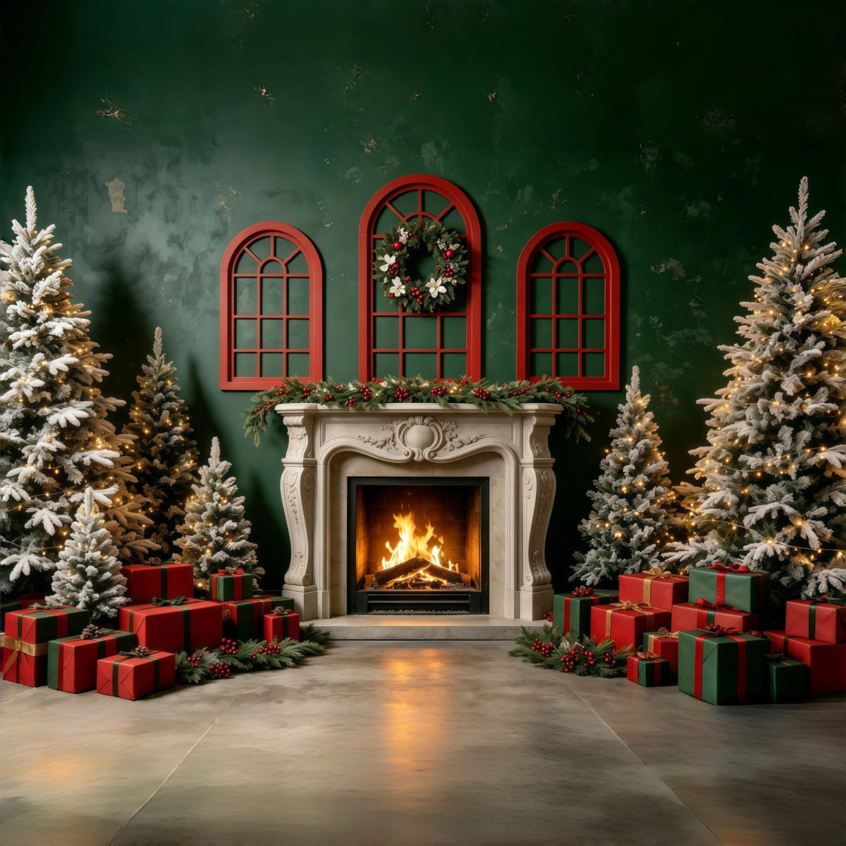 Christmas Scene Backdrop Green Wall Fireplace Gift Photo Backdrops Christmas UK GQ68-131