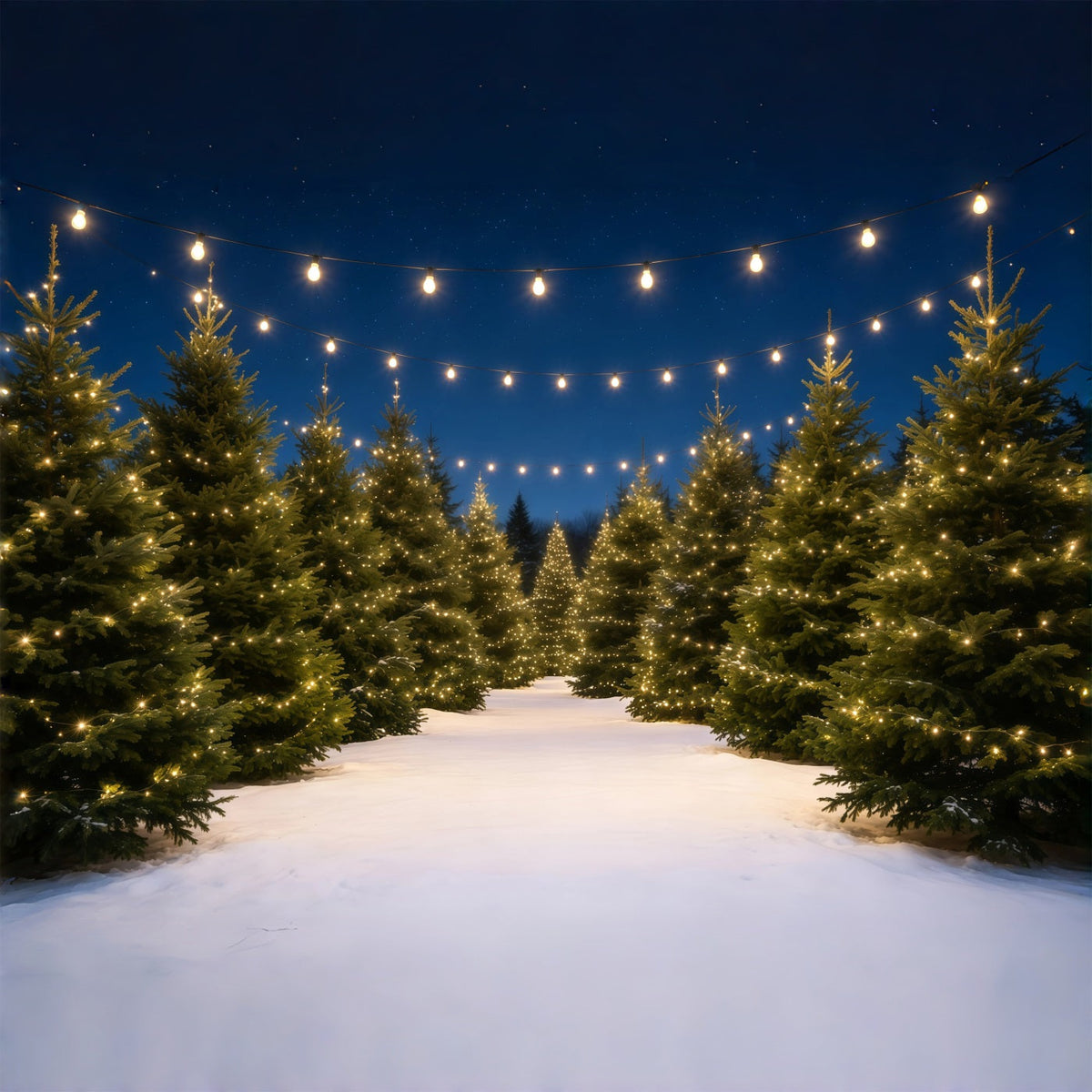 Christmas Tree Farm Backdrop Snowy Pine Light Path Christmas Backdrops UK GQ68-132