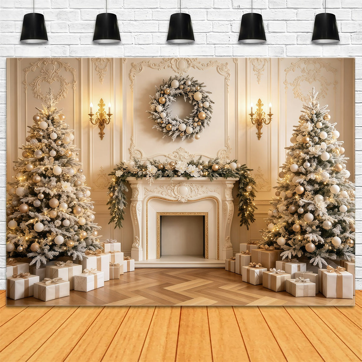 Fireplace Backdrop Christmas Cozy Golden Mantel Decor Indoor Christmas Backdrop UK GQ68-135