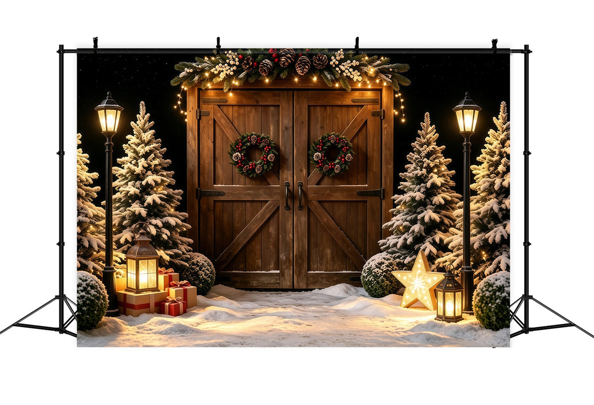Christmas Barn Backdrop Snowy Wood Door Lantern Glow Photo Backdrops Christmas UK GQ68-57