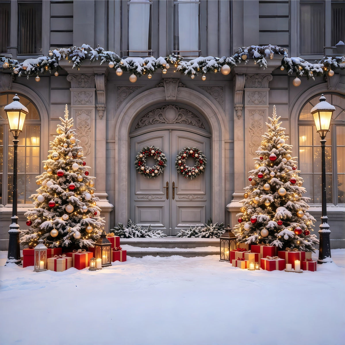 Christmas House Backdrop Snowy Mansion Doorway Trees Indoor Christmas Backdrop UK GQ68-61