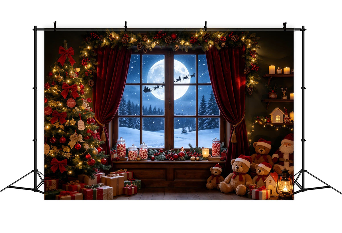 Christmas Night Backdrop Moonlit Window Teddy Room Professional Christmas Backdrop UK GQ68-72