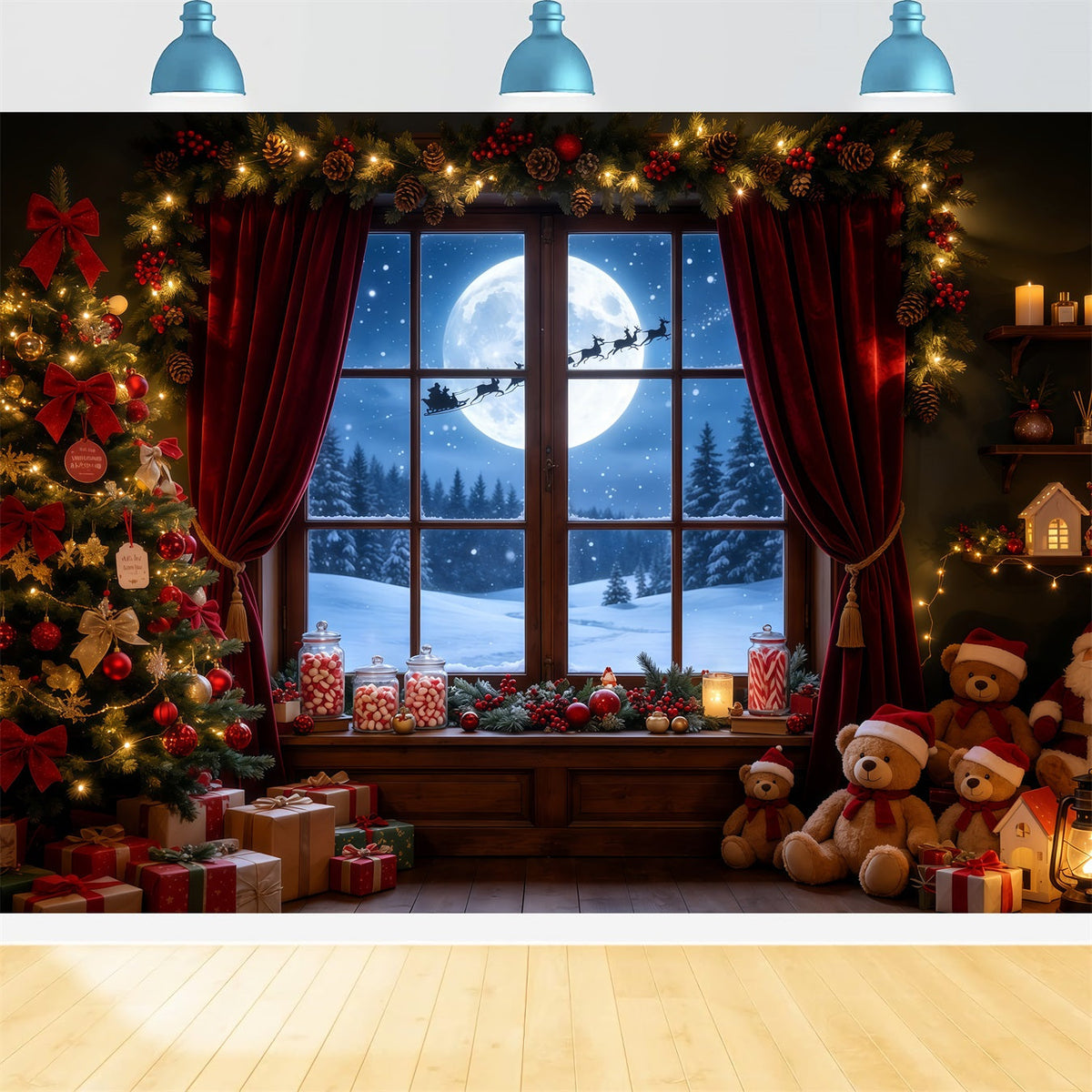 Christmas Night Backdrop Moonlit Window Teddy Room Professional Christmas Backdrop UK GQ68-72