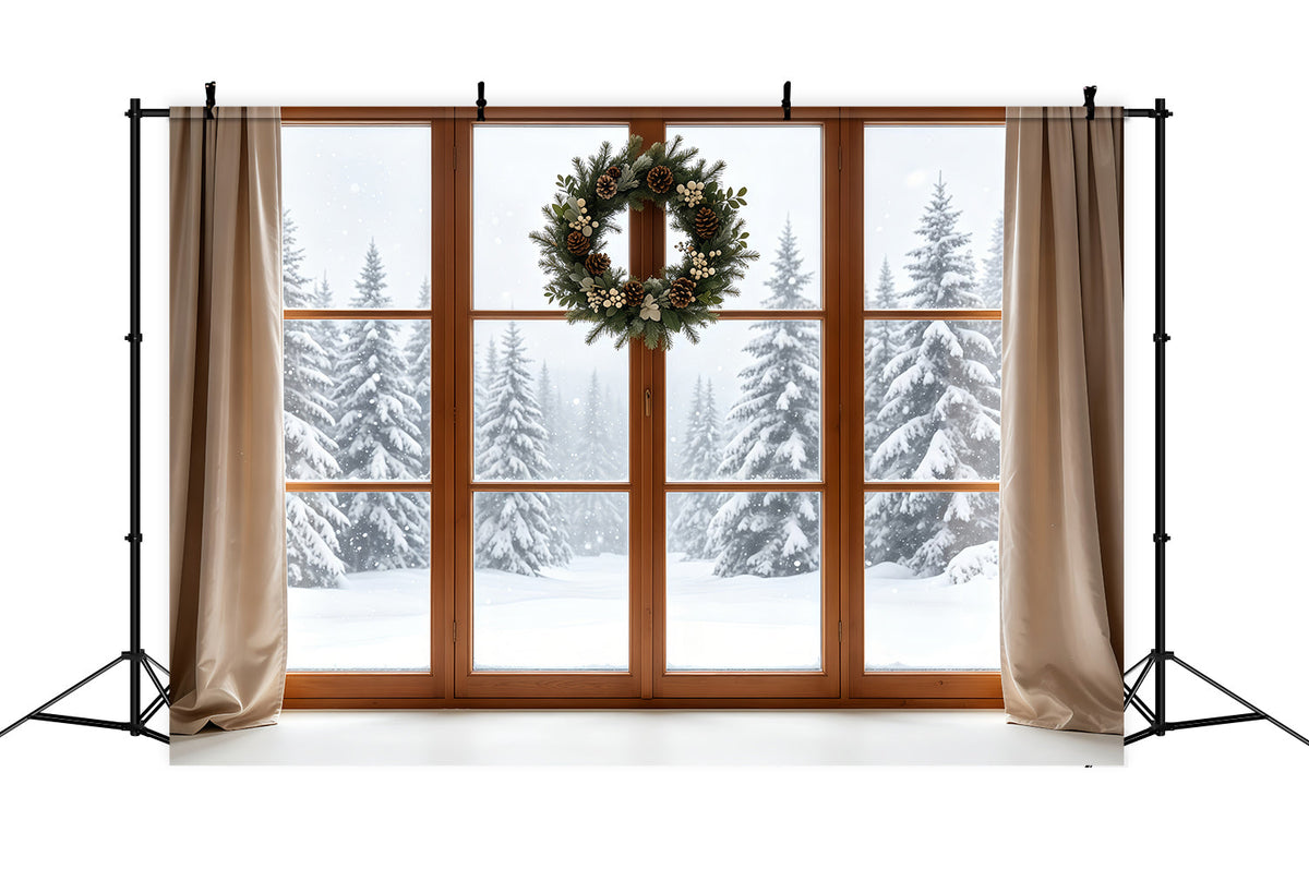 Christmas Window Backdrop Rustic Wreath Snowy Forest Christmas Photo Backdrop UK GQ68-80