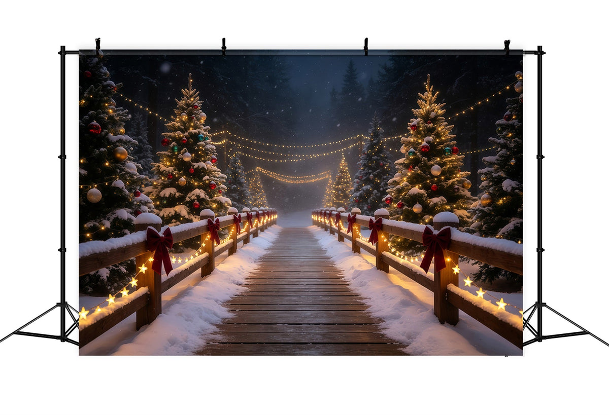 Snowy Christmas Backdrop Glowing Forest Bridge Path Christmas Photography Backdrop UK GQ68-83