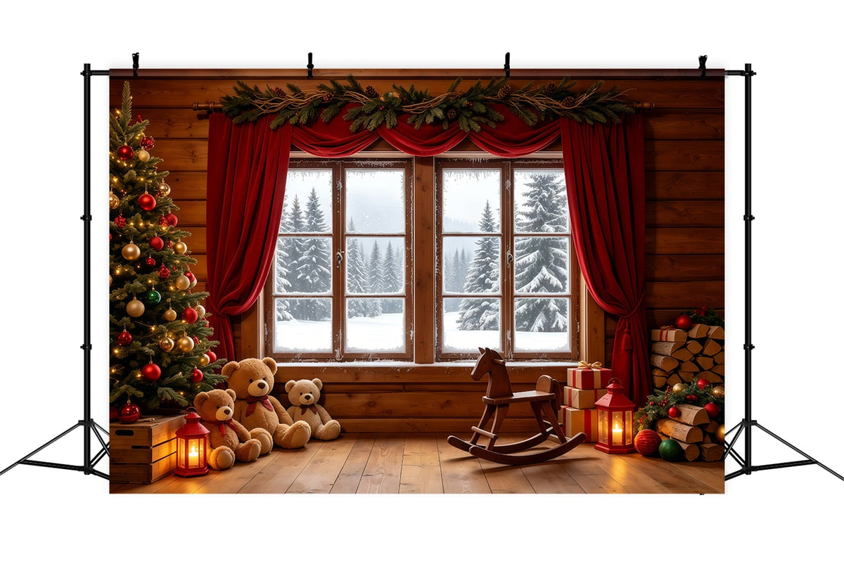 Christmas Cabin Backdrop Rustic Window Teddy Display Photography Christmas Backdrops UK GQ68-89