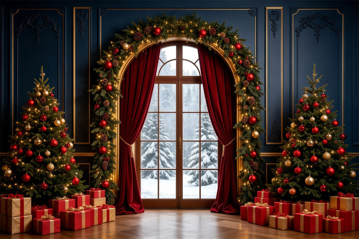 Christmas Living Room Backdrop Elegant Arched Window Decor Large Christmas Backdrop UK GQ68-90