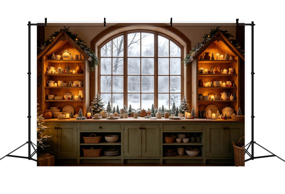 Christmas Kitchen Backdrop Cozy Kitchen Snowy Window Christmas Wall Backdrops UK GQ68-95