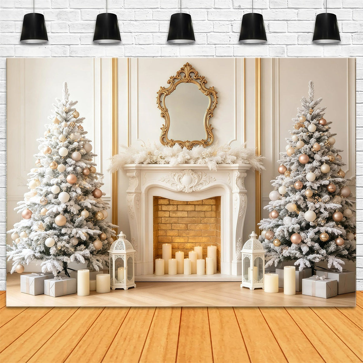 Elegant Christmas Backdrop White Gold Fireplace Tree Photography Backdrop Christmas UK GQ68-97