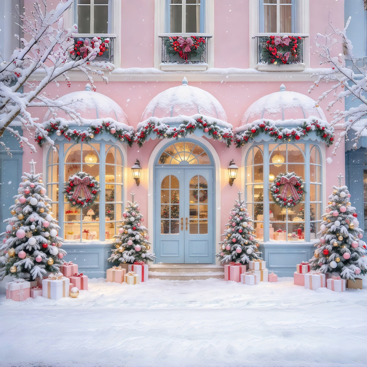 Christmas Family Backdrop Pastel Snowy Shopfront Display Pink Christmas Backdrops UK GQ69-102