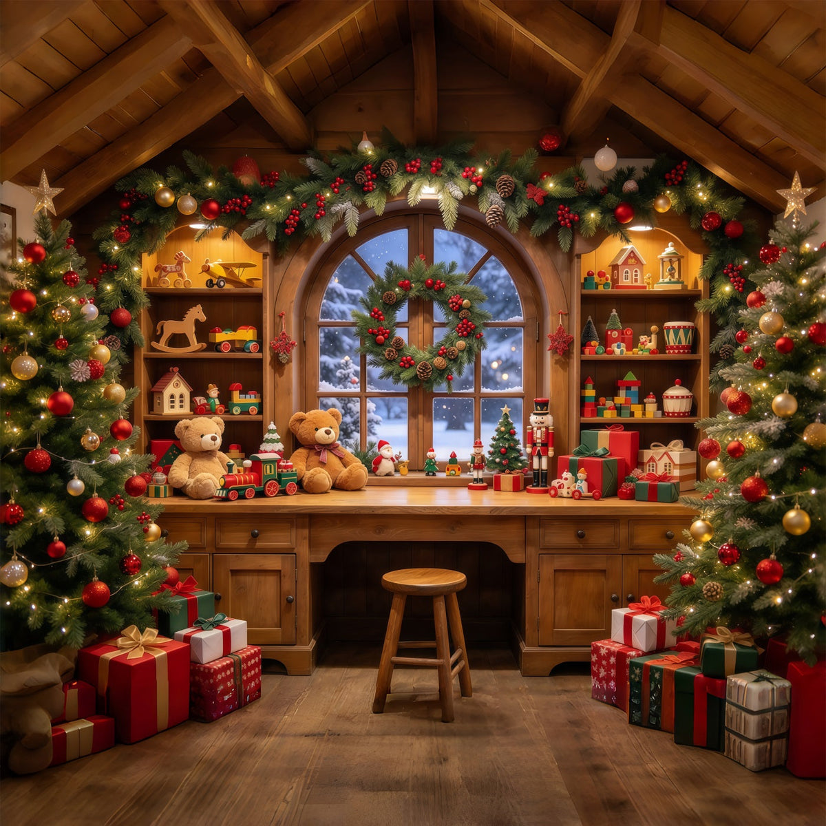 Christmas Backdrop Santa Workshop Cozy Toy Room Interior Backdrop For Pictures With Santa UK GQ69-109