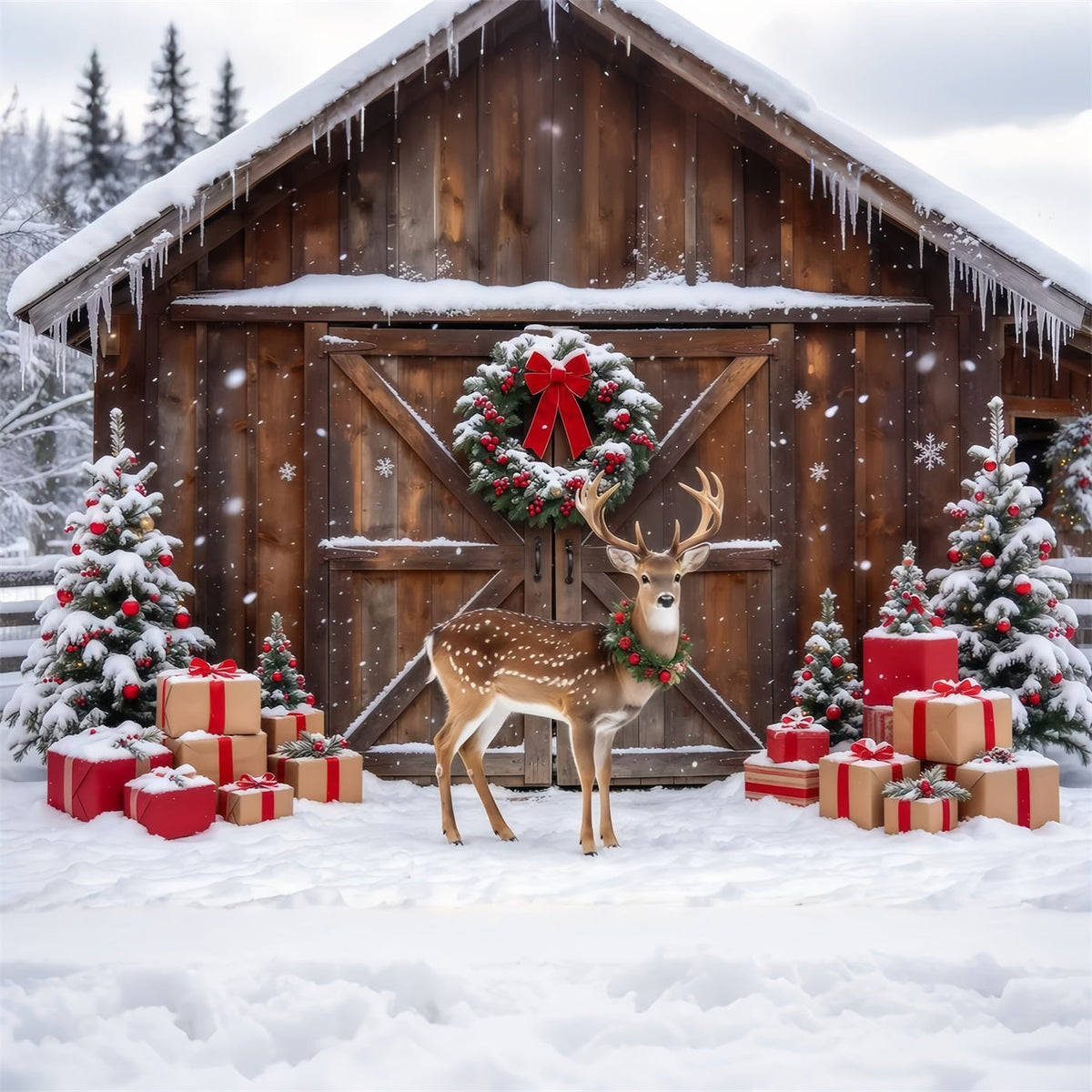 Country Christmas Photo Backdrop Snowy Reindeer Barn Display Reindeer Photo Backdrop UK GQ69-111