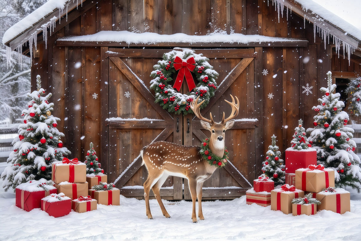 Country Christmas Photo Backdrop Snowy Reindeer Barn Display Reindeer Photo Backdrop UK GQ69-111