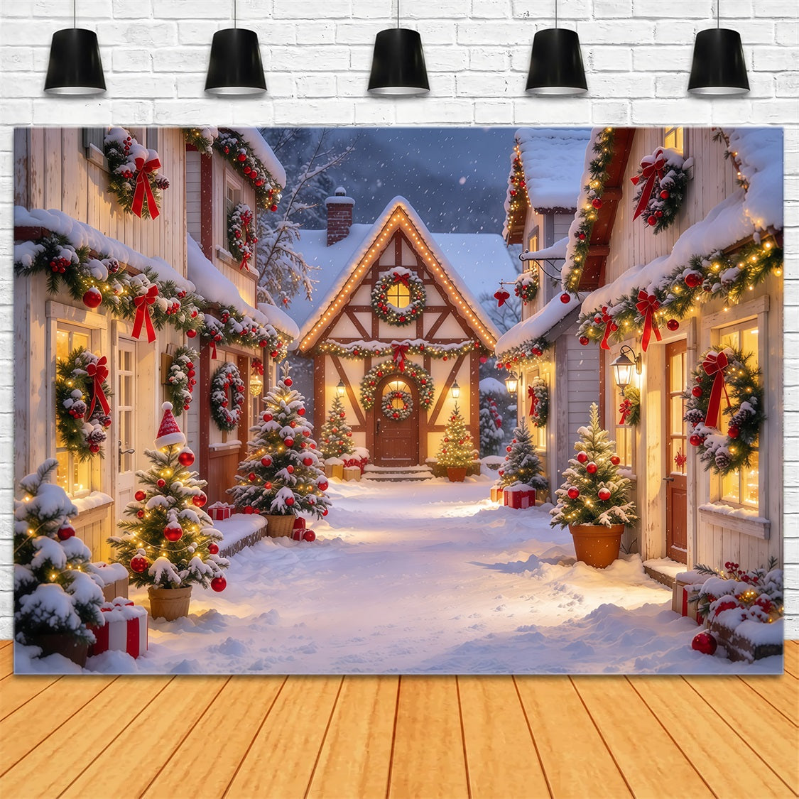 Christmas Backdrops Sale Snowy Garland Village Street Buy Christmas Backdrop UK GQ69-118