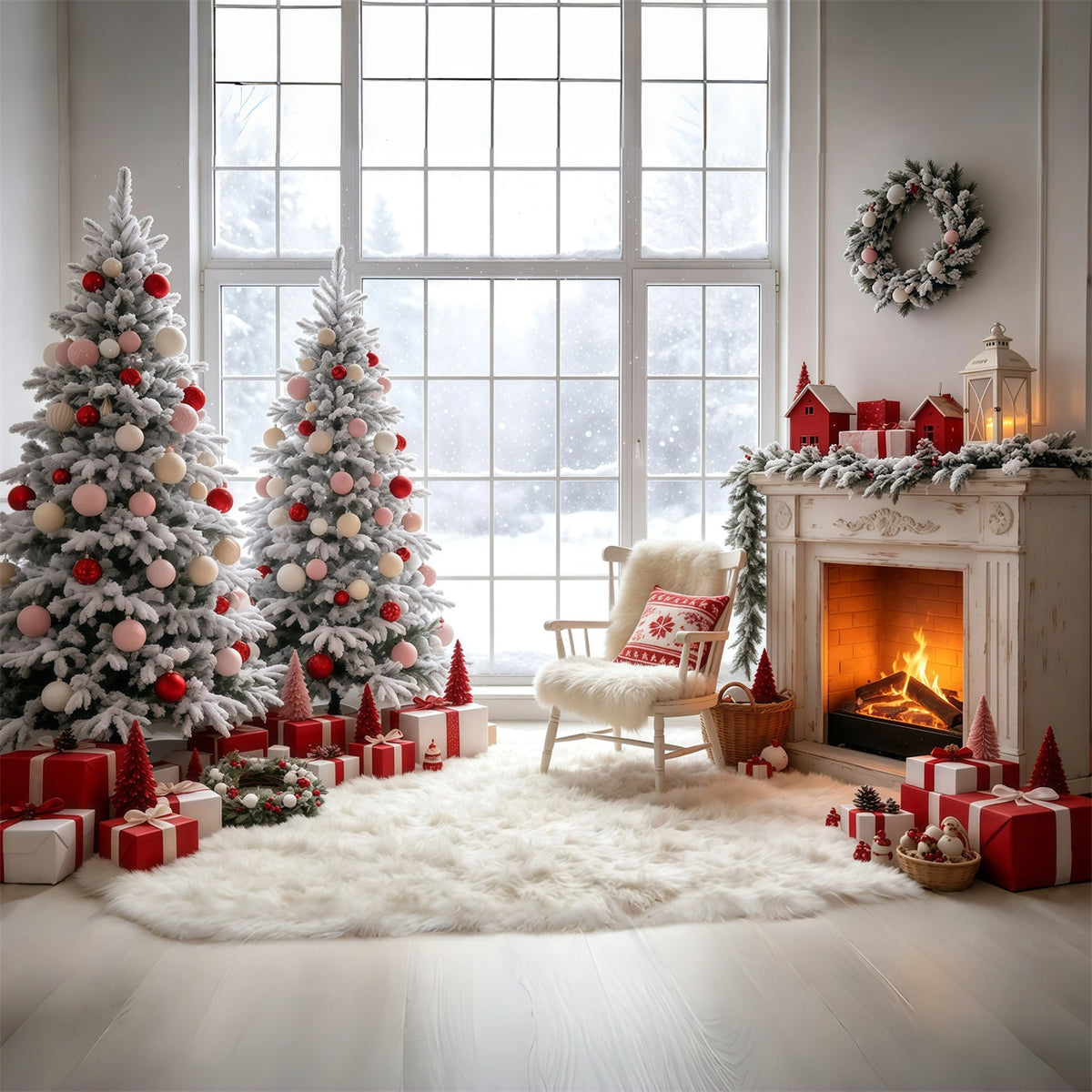 Christmas Window Backdrop Pink Tree Fireplace Room Wall Backdrop Christmas UK GQ69-12
