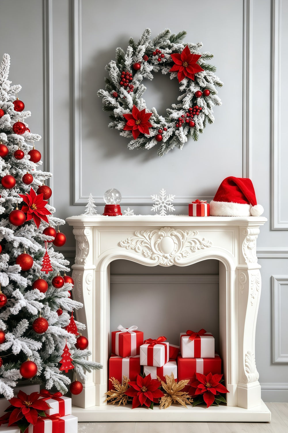 Fireplace Backdrop Christmas White Poinsettia Mantel Decor Photo Backdrop Christmas UK GQ69-27