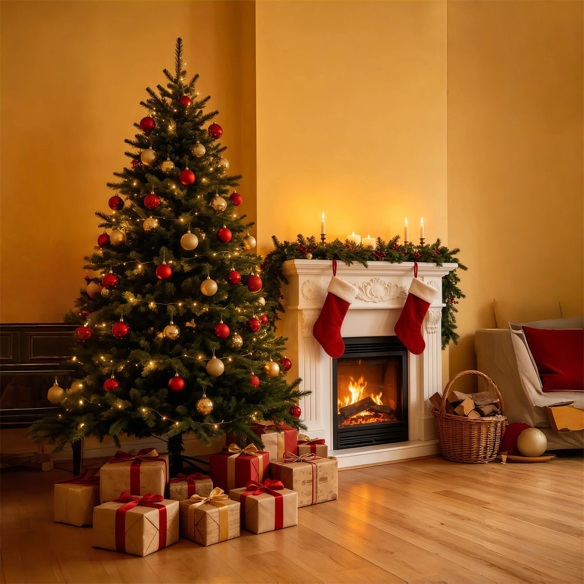 Cozy Christmas Backdrop Golden Fireplace Tree Corner Photo Backdrops Christmas UK GQ69-35