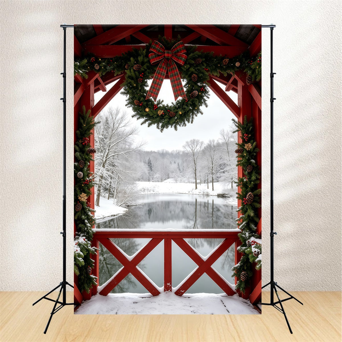 Winter Christmas Backdrop Snowy Barn Wreath View Studio Backdrops Christmas UK GQ69-40