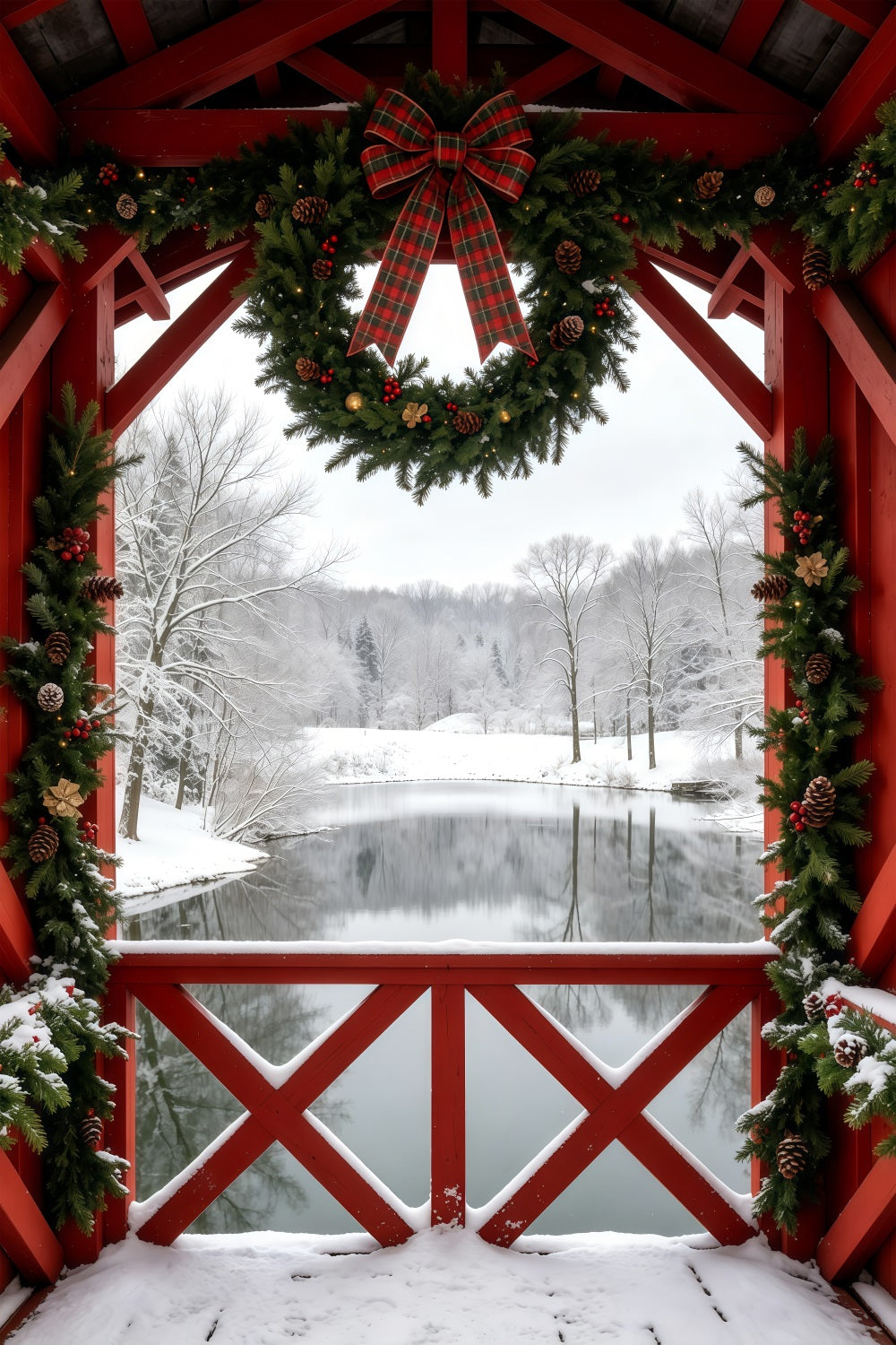 Winter Christmas Backdrop Snowy Barn Wreath View Studio Backdrops Christmas UK GQ69-40