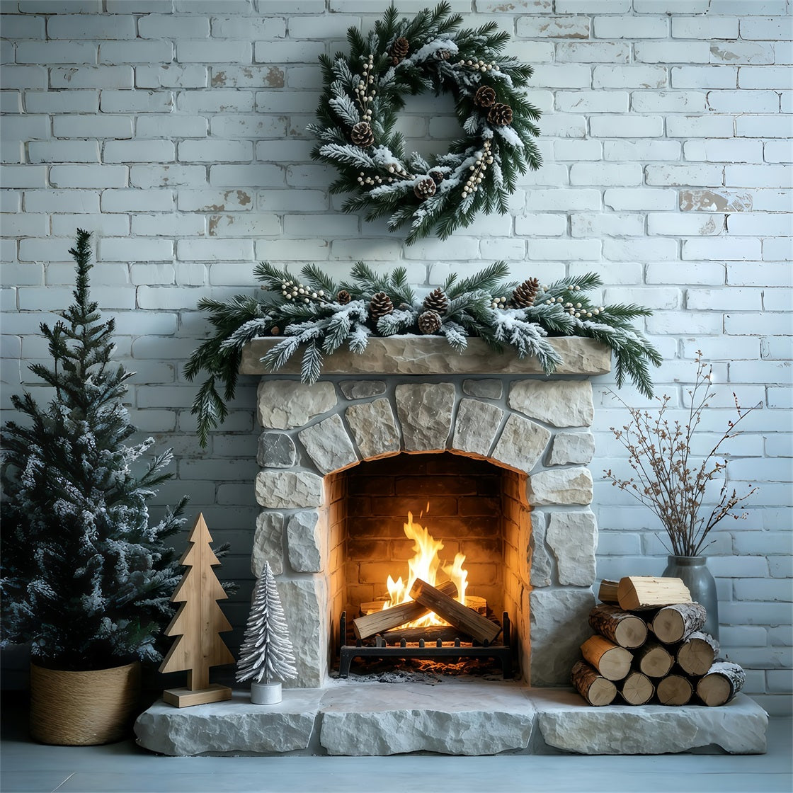 Christmas Fireplace Backdrop Frosted Garland Brick Wall Muslin Backdrop Christmas UK GQ69-53