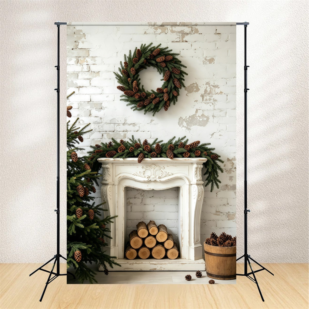 Christmas Wall Backdrop Pinecone Wreath Mantel Display Photographic Backdrops Christmas UK GQ69-54