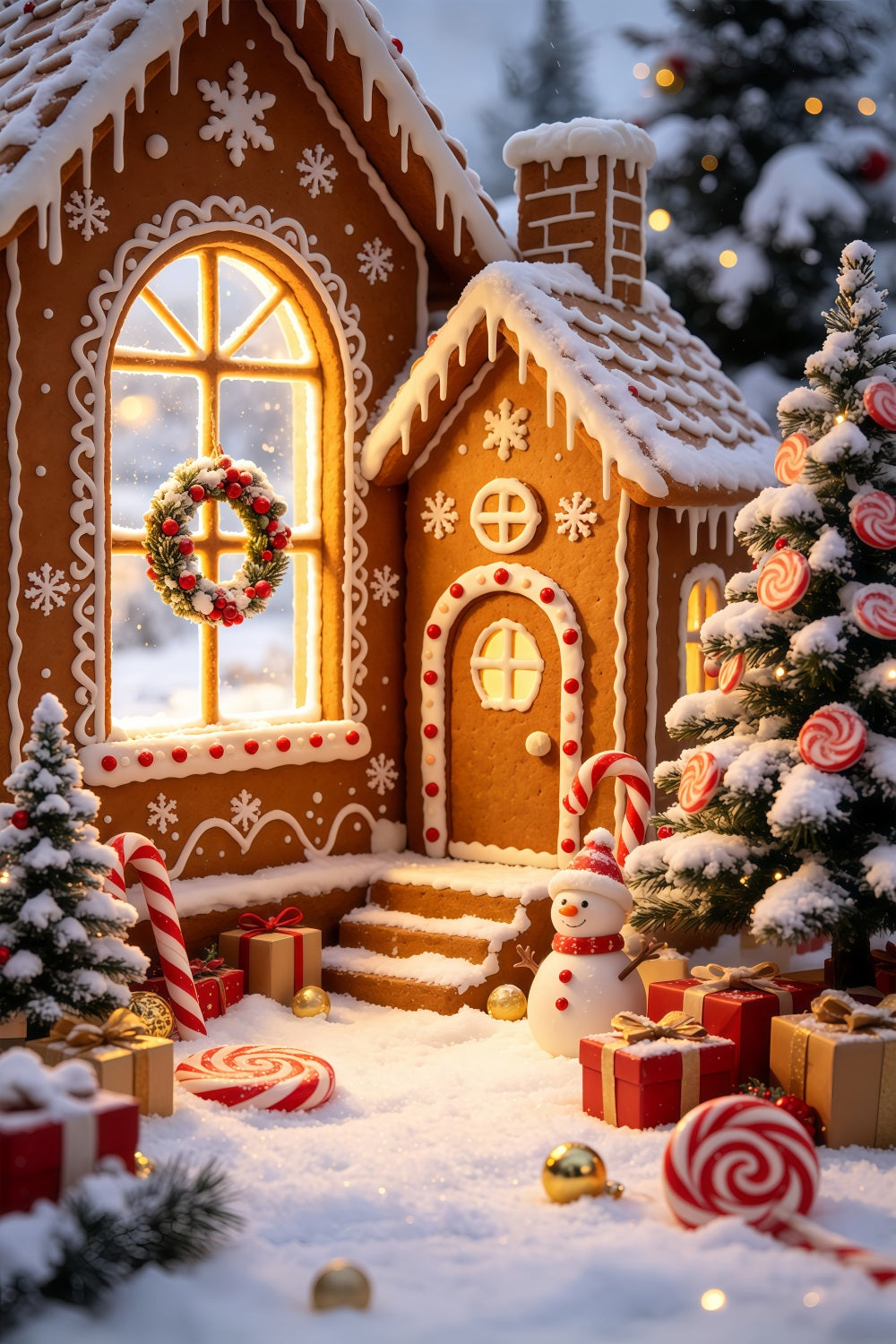 Gingerbread Christmas Backdrop Snowy Cottage Candy Village Christmas Backdrops UK GQ69-57
