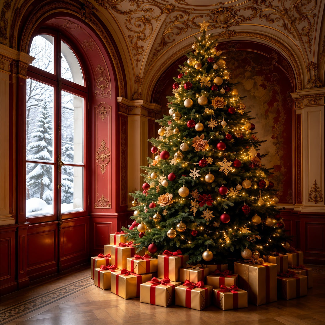 Victorian Christmas Backdrop Royal Red Hall Tree Large Christmas Backdrops UK GQ69-65