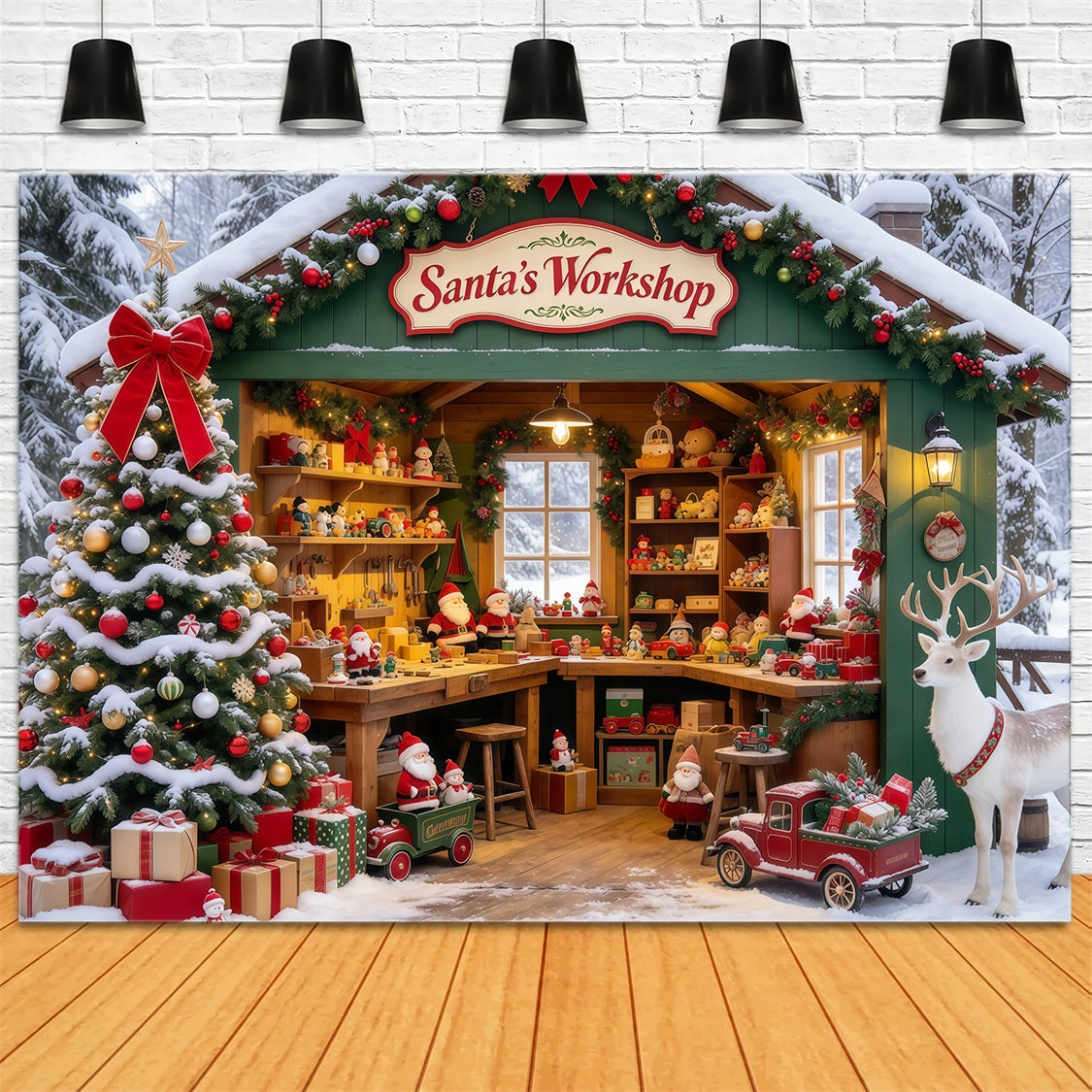 Santa Workshop Backdrops Snowy Forest House Reindeer Santa Photos Backdrop UK GQ69-74