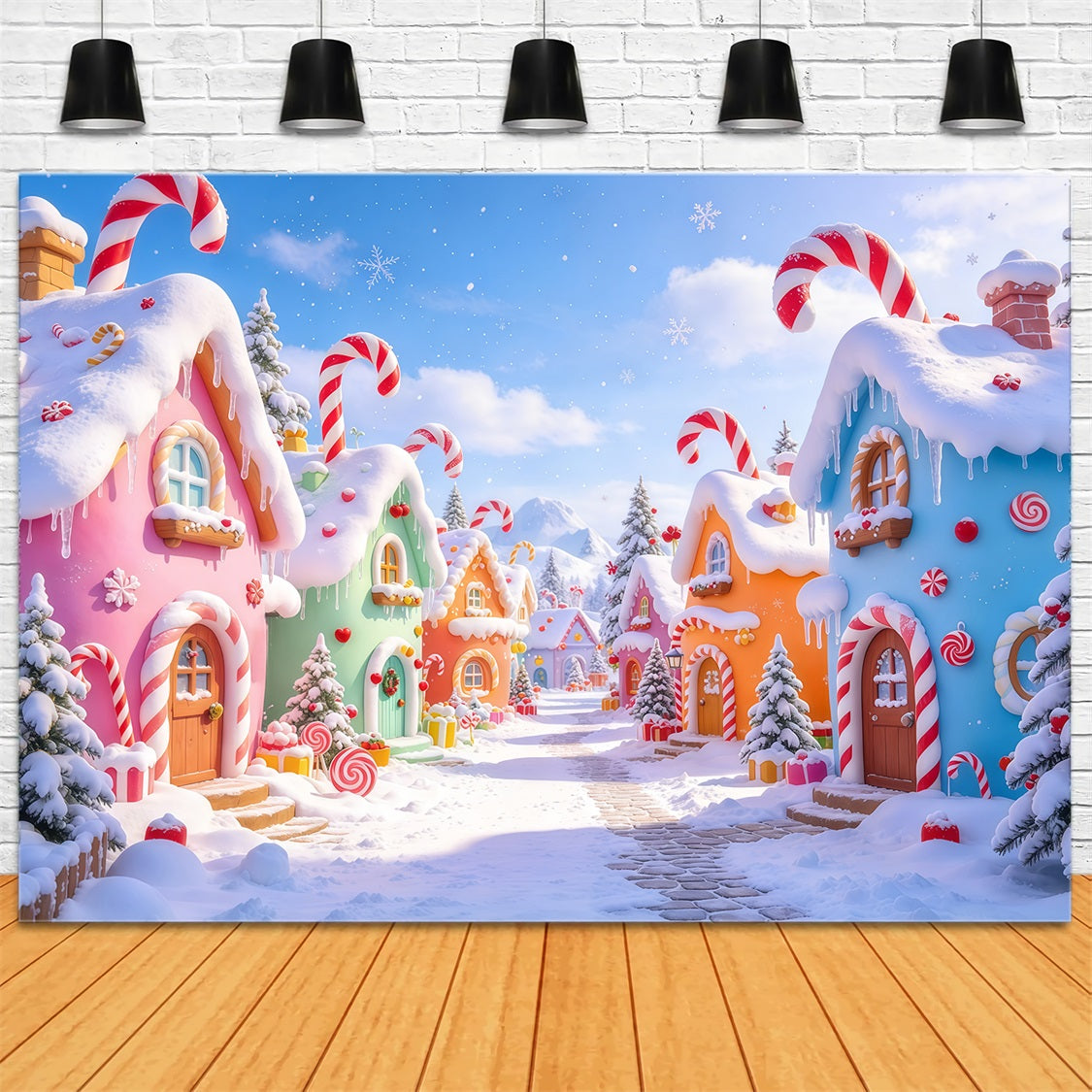 Backdrop For Christmas Photos Pastel Candy Village Street Whimsical Christmas Backdrop UK GQ69-76
