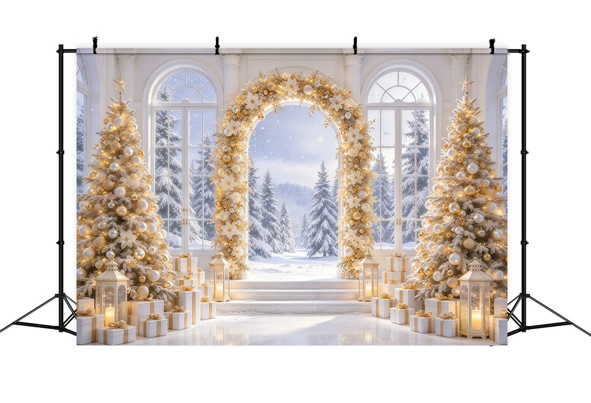 White And Gold Christmas Backdrop Golden Floral Winter Arch Christmas Backdrop UK GQ69-79