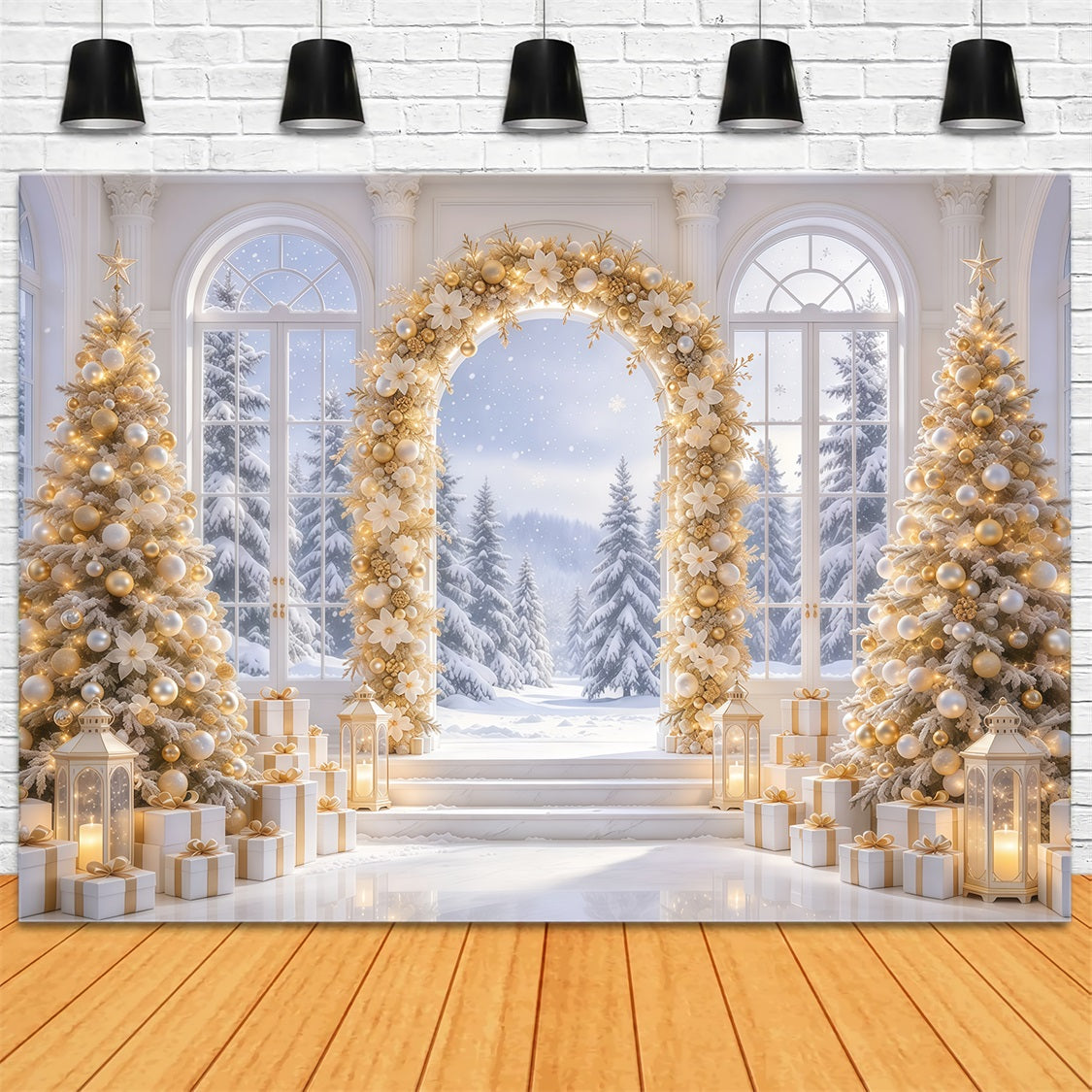White And Gold Christmas Backdrop Golden Floral Winter Arch Christmas Backdrop UK GQ69-79