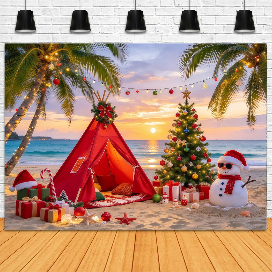 Traditional Christmas Backdrop Tropical Beach Snowman Camp Hawaiian Christmas Backdrop UK GQ69-81