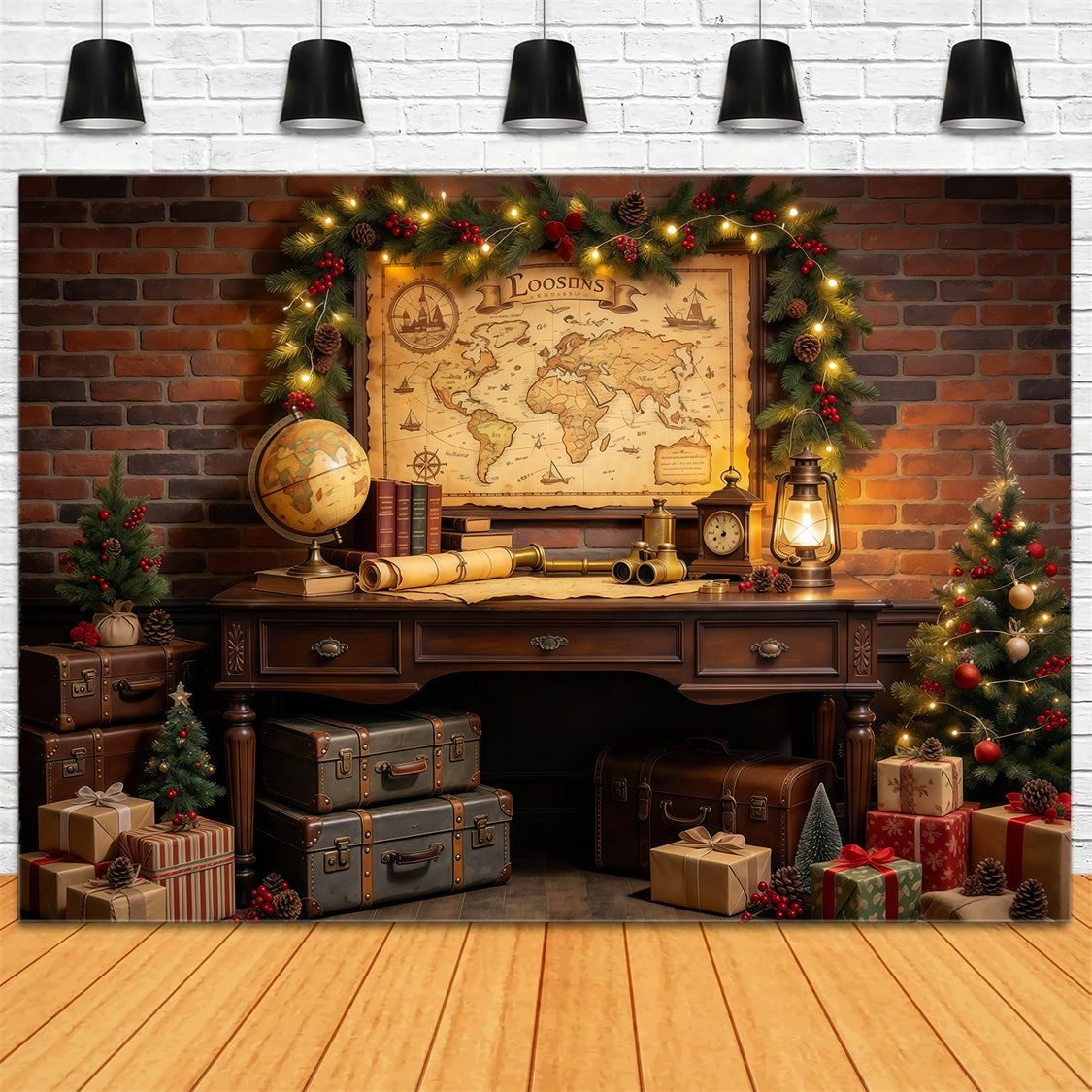 Christmas Around The World Backdrop Vintage Travel Map Display Vintage Christmas Backdrops UK GQ69-82