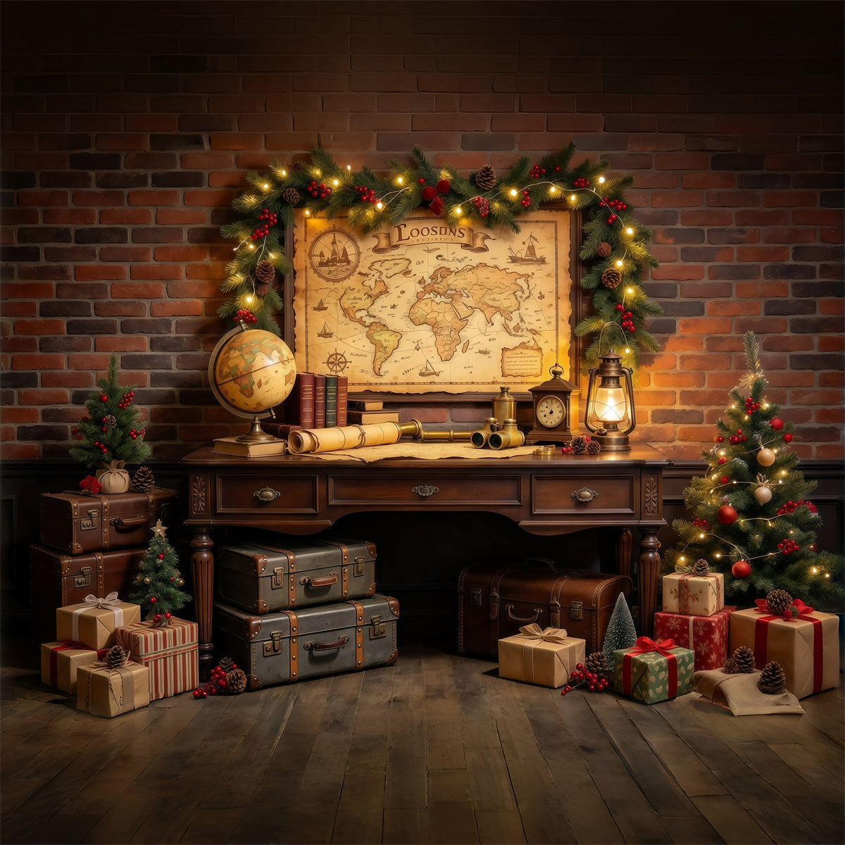 Christmas Around The World Backdrop Vintage Travel Map Display Vintage Christmas Backdrops UK GQ69-82