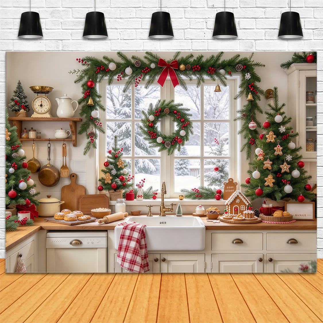 Large Christmas Scene Backdrop Festive Kitchen Window Display Christmas Baking Backdrop UK GQ69-83