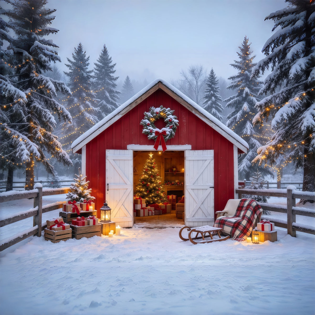 Country Christmas Backdrops Snowy Red Barn Retreat Christmas Card Backdrops UK GQ69-84