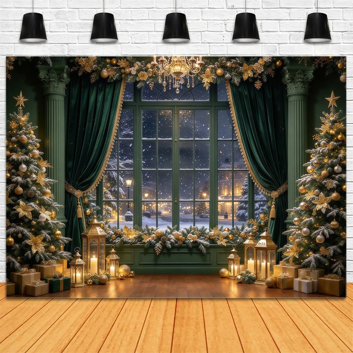 Christmas Curtain Backdrop Emerald Gold Window Display Christmas Story Backdrop UK GQ69-89