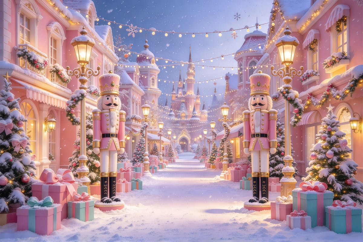 Pink Christmas Photo Backdrop Snowy Nutcracker Castle Street Colorful Christmas Backdrop UK GQ69-92